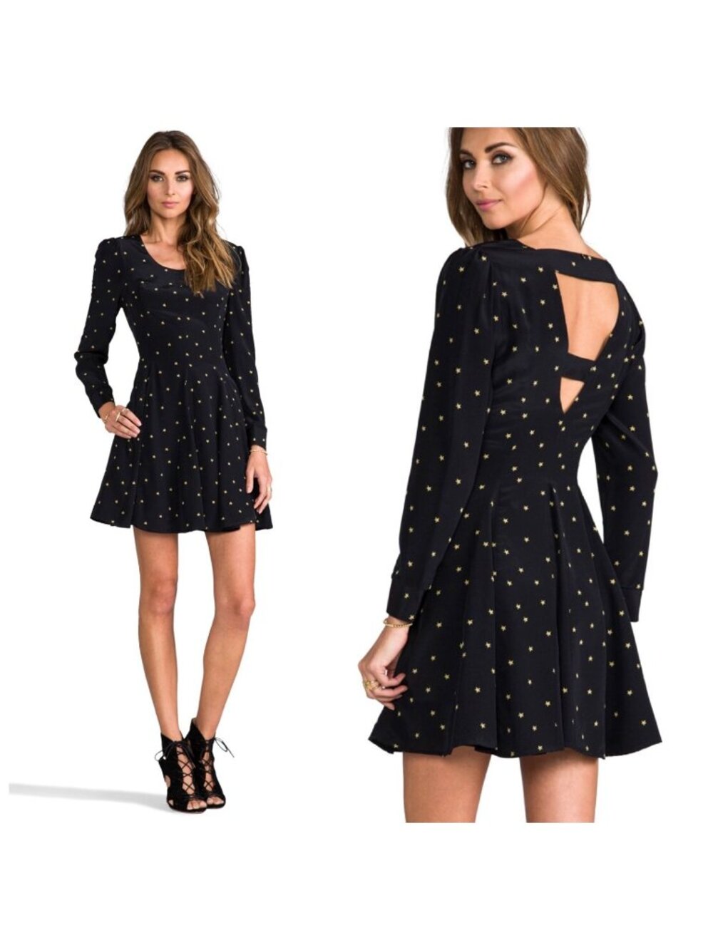 Harlyn Revolve Fit and Flare Silk Dress Black Gold Star Mini Cutout Medium